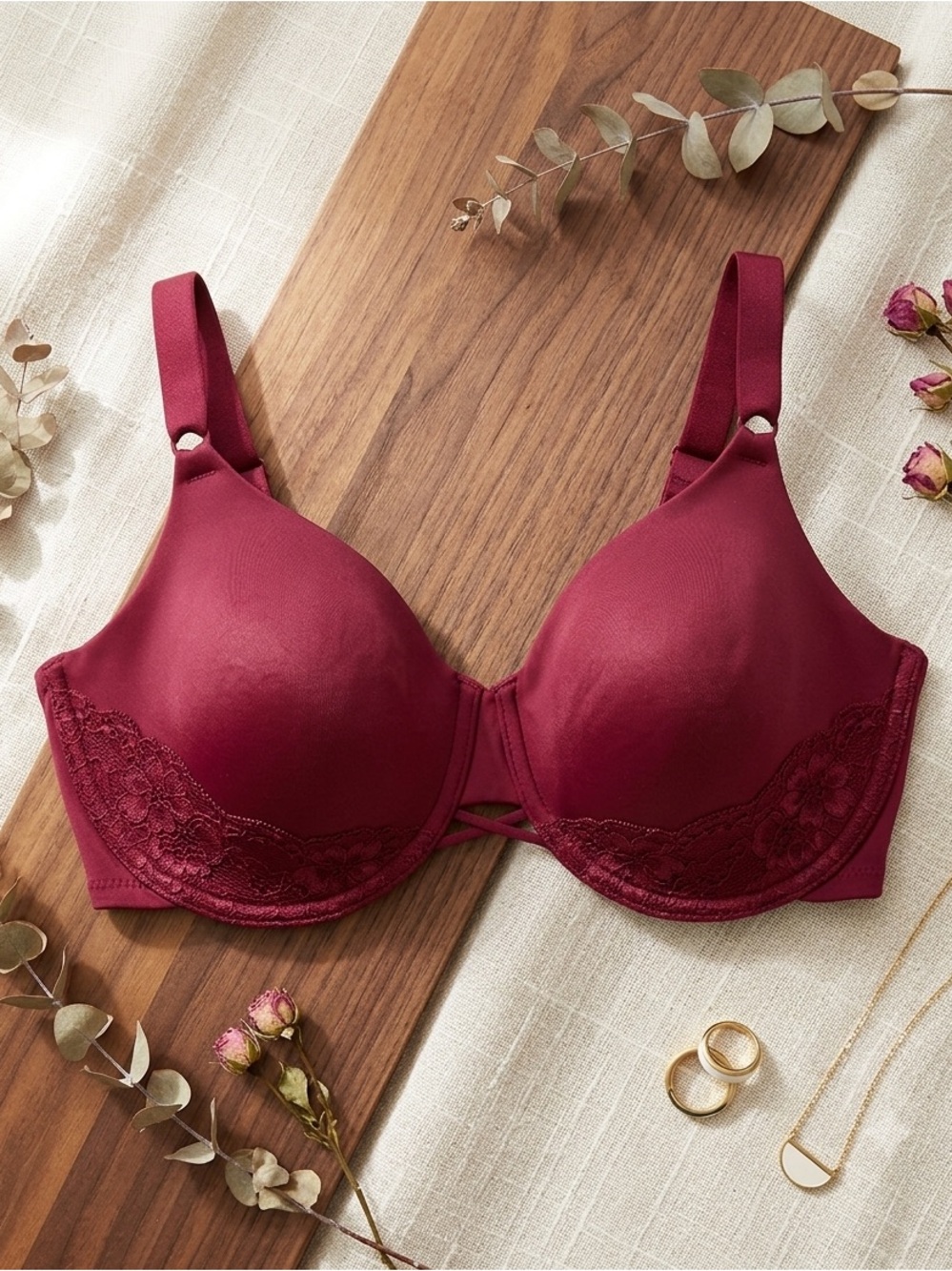 Women’s Lace Trim Full Coverage Bra - Burgundy